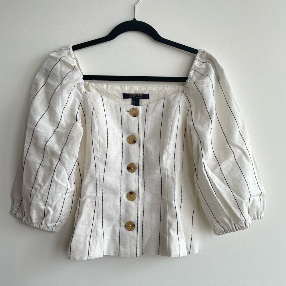 Striped Linen Button Down with Puff Sleeves top